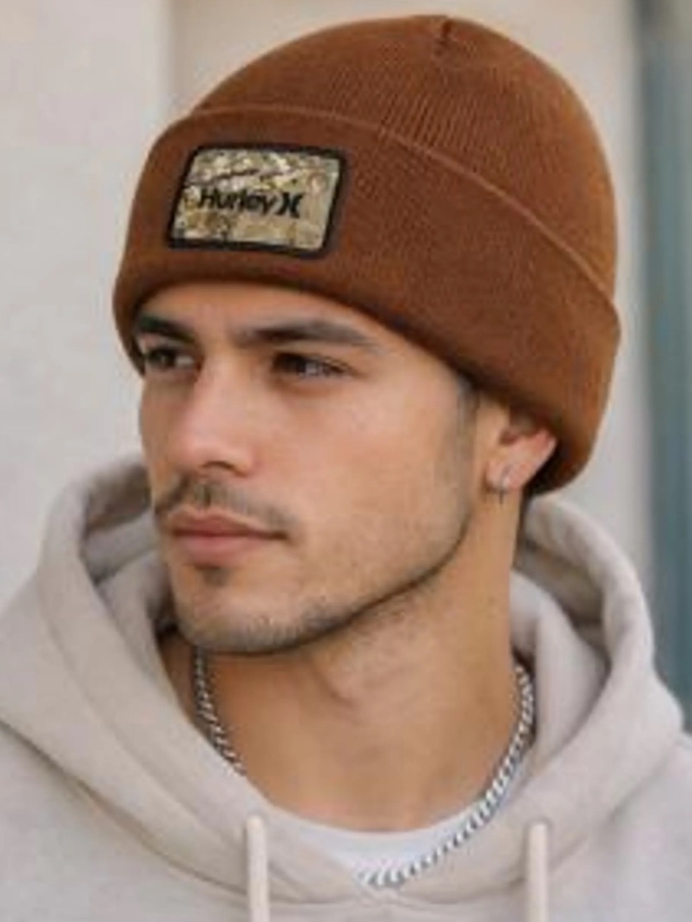 Hurley Brown Cuffed Beanie Hat Woven Camo Patch Logo One Size NWT
